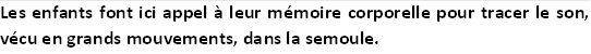 Les enfants font ici appel à leur mémoire corporelle pour tracer le son, vécu en grands mouvements, dans la semoule.